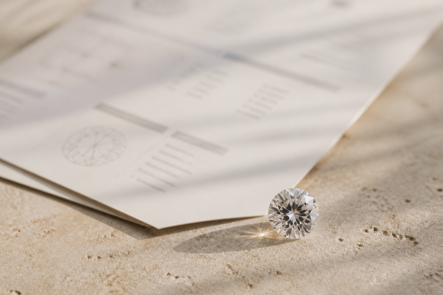 Diamond beside softly blurred grading paperwork