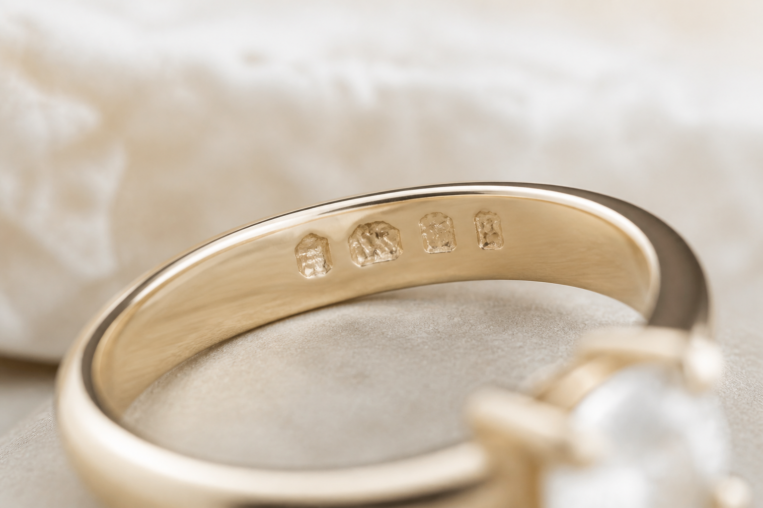 Soft close-up of hallmarked precious-metal band detail
