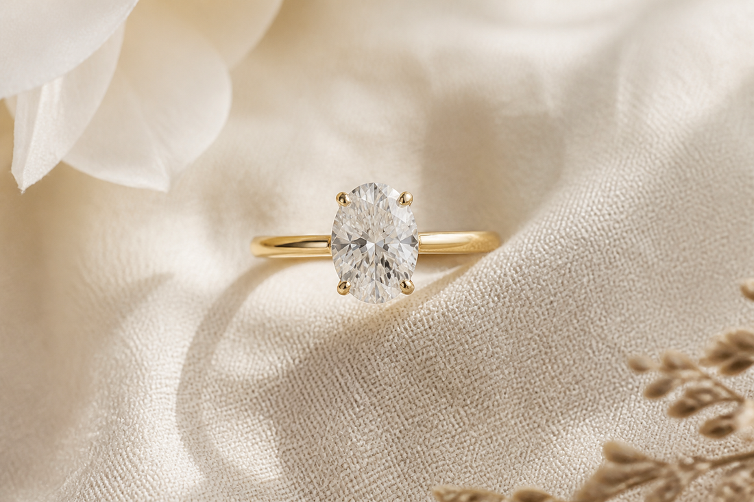 Oval-cut diamond engagement ring from above
