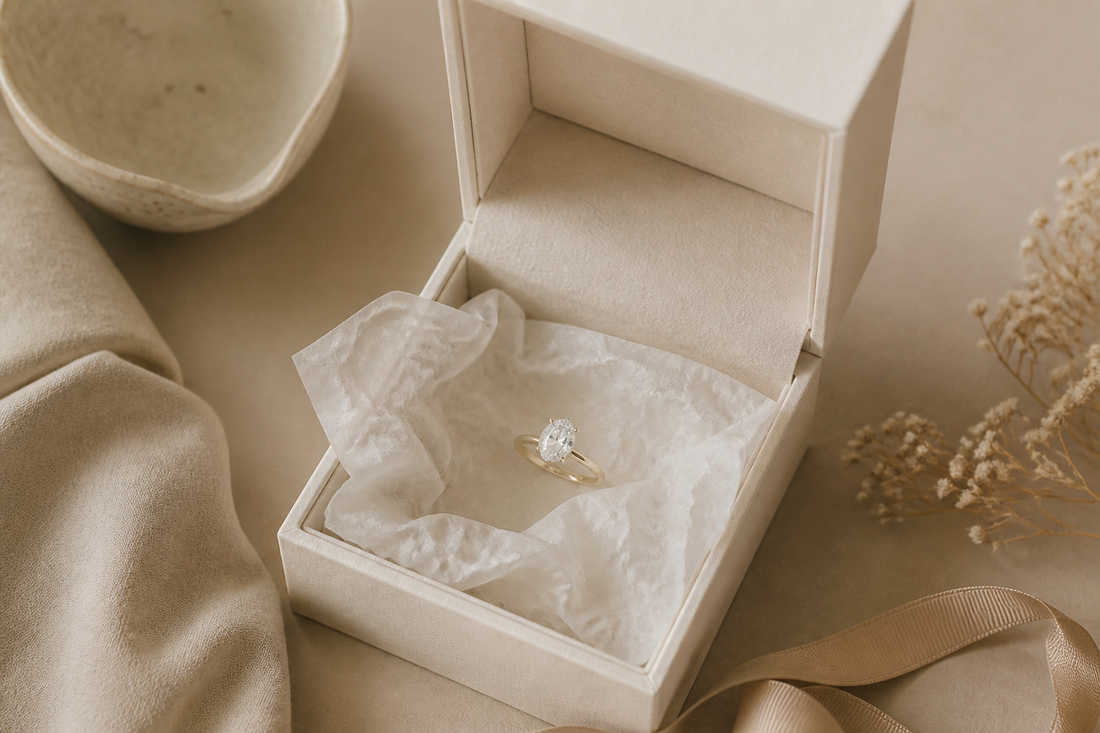 Diamond ring nestled in a soft jewellery box