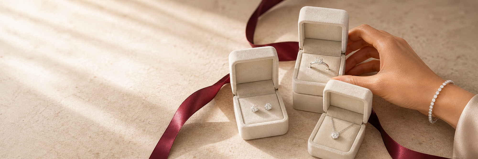 Amada Diamonds gifts – ring, earrings and pendant in presentation boxes