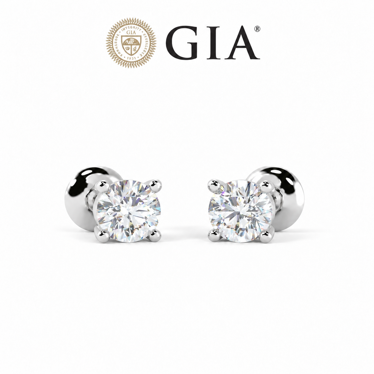 GIA Certified Natural 0.60 Carat Round Diamond Prong Set Stud Earring In 18k White Gold