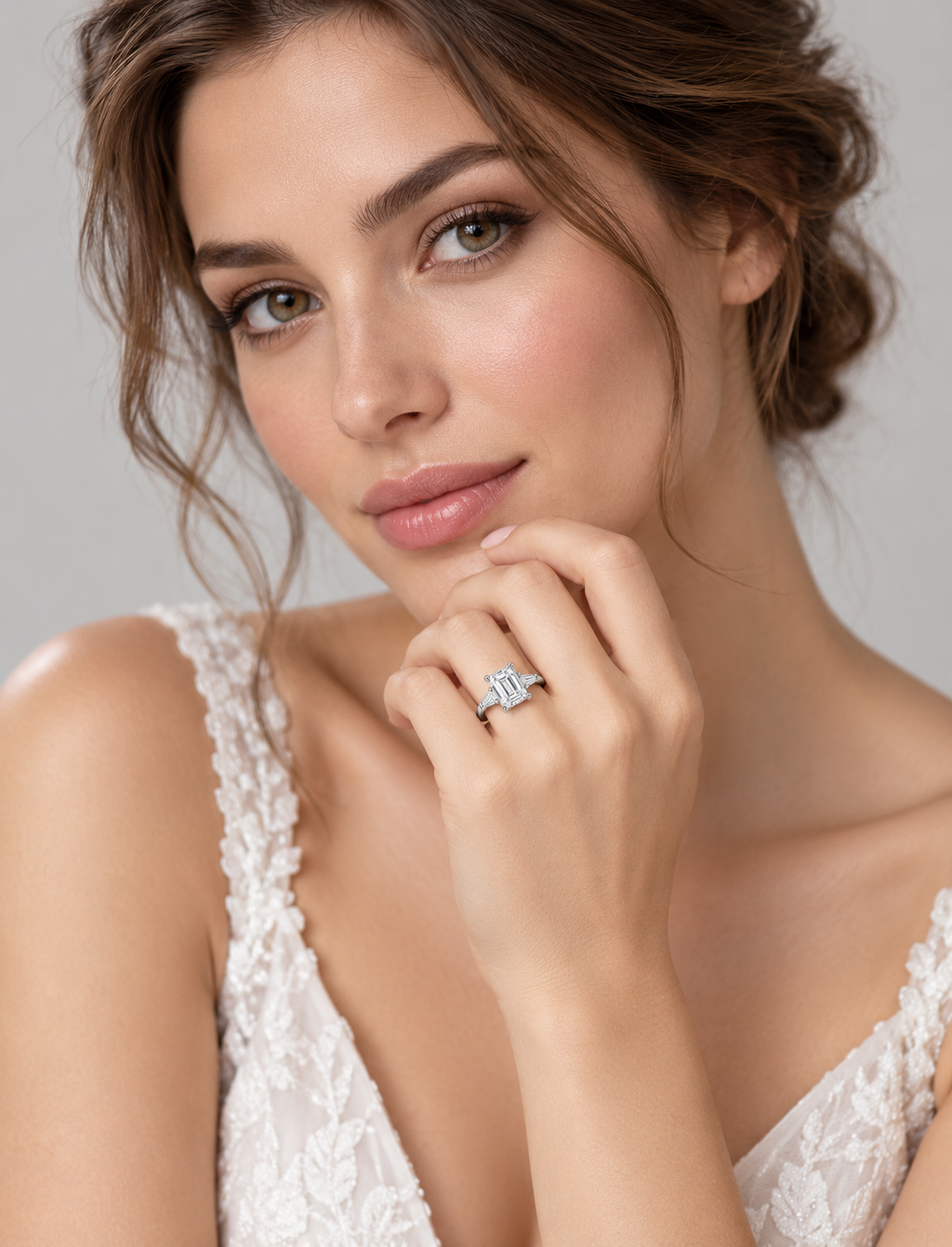 Lab Grown IGI Certified Classic Emerald-Cut Diamond Engagement Ring 3-Stone Platinum with Tapered Baguettes