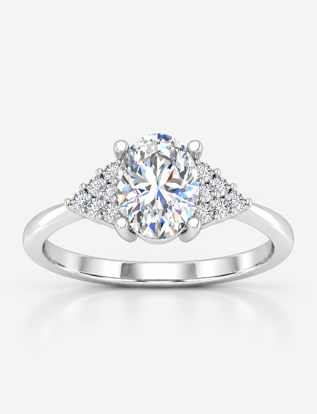 IGI Certified Oval-Cut Diamond Engagement Ring with Triangular Cluster Side Stones in Platinum & Gold