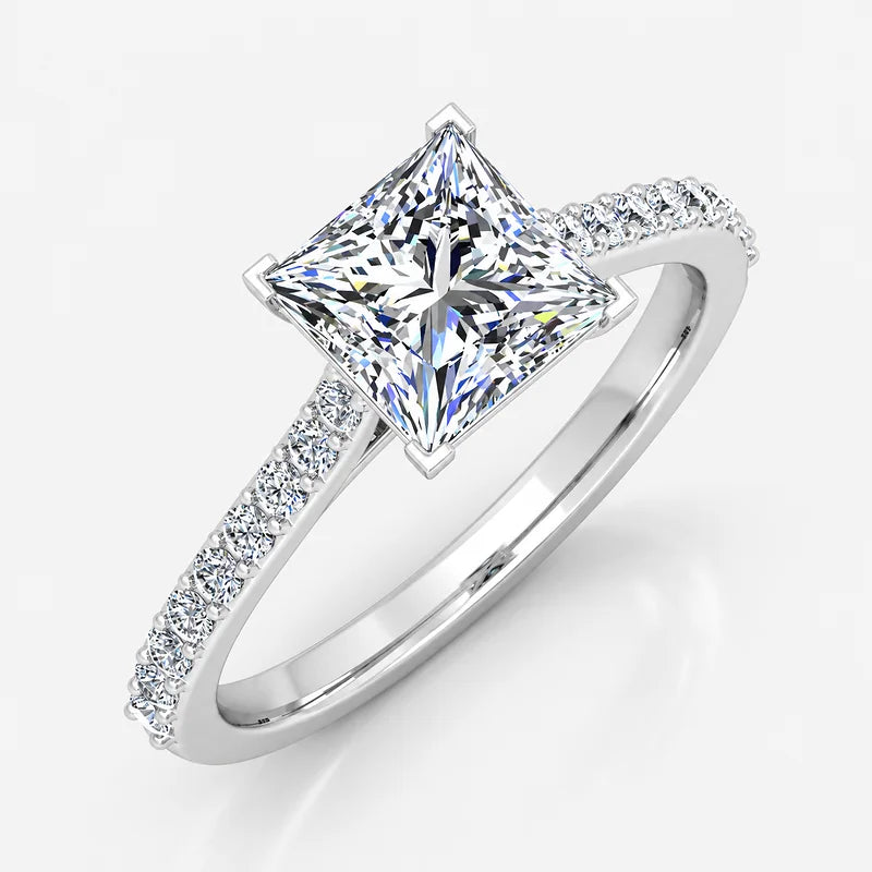 Classic Pavé-Set IGI Certified Lab Grown Princess-Cut Solitaire Engagement Ring with Side Diamonds in Gold & Platinum