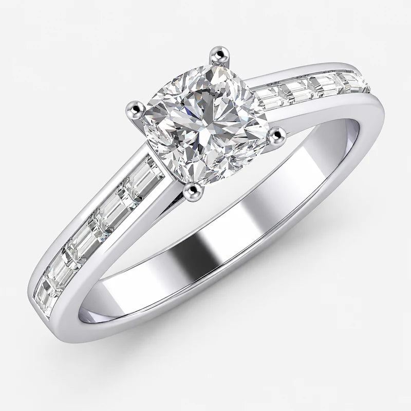 IGI Certified Lab Grown Classic Cushion-Cut Diamond Engagement Ring with Channel-Set Baguette Shank in Gold & Platinum – 1–4Ct