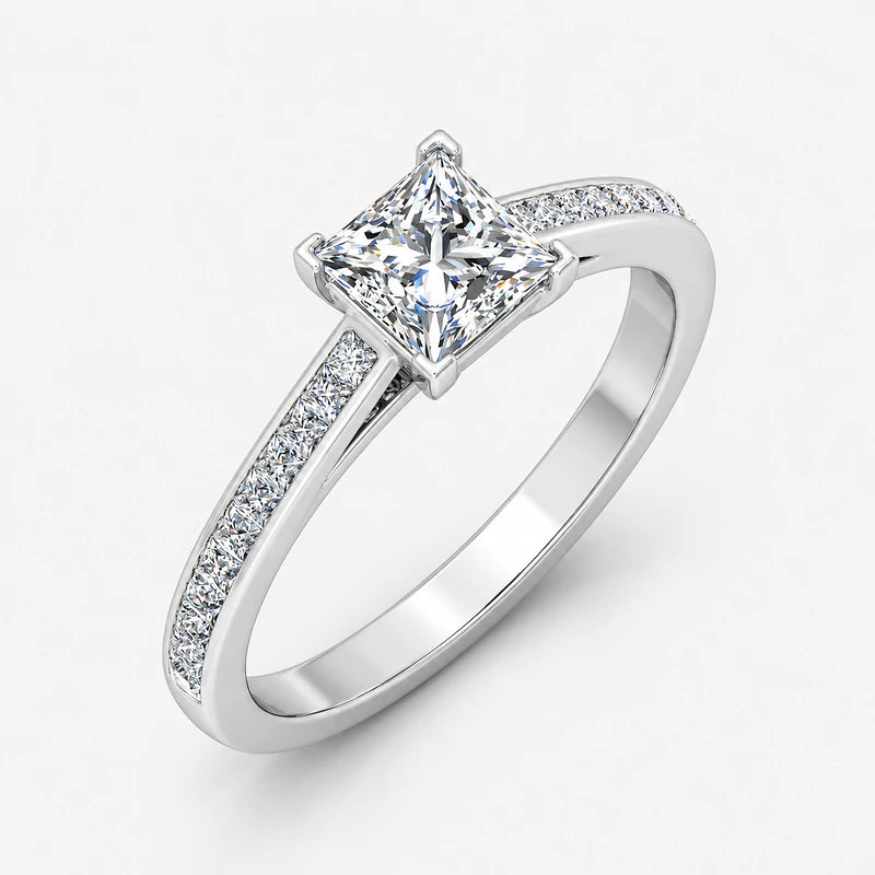 Best-Selling Channel-Set IGI Certified Lab Grown Princess-Cut Solitaire Ring with Side Diamonds in Gold & Platinum – 1–4Ct