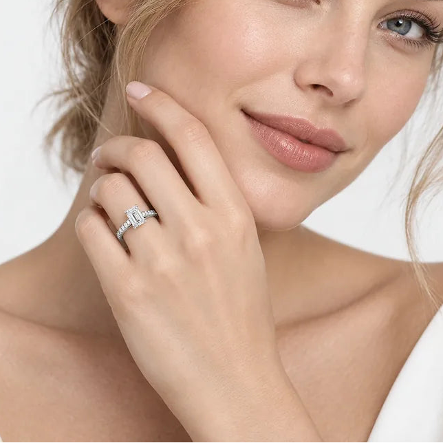 IGI Certified Lab Grown Fine Emerald Cut & Round Diamond Claw & Pavé Set Engagement Ring in Gold & Platinum – 1–4Ct