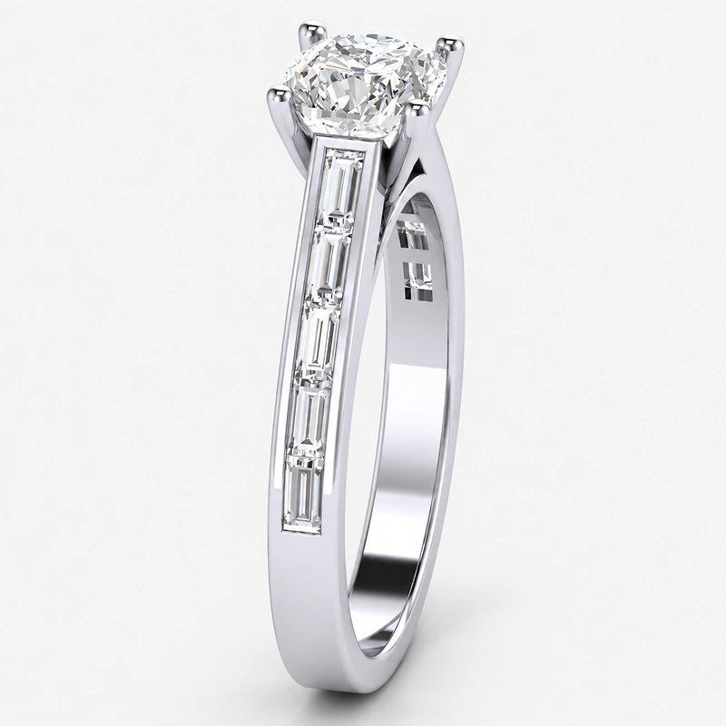 IGI Certified Lab Grown Classic Cushion-Cut Diamond Engagement Ring with Channel-Set Baguette Shank in Gold & Platinum – 1–4Ct