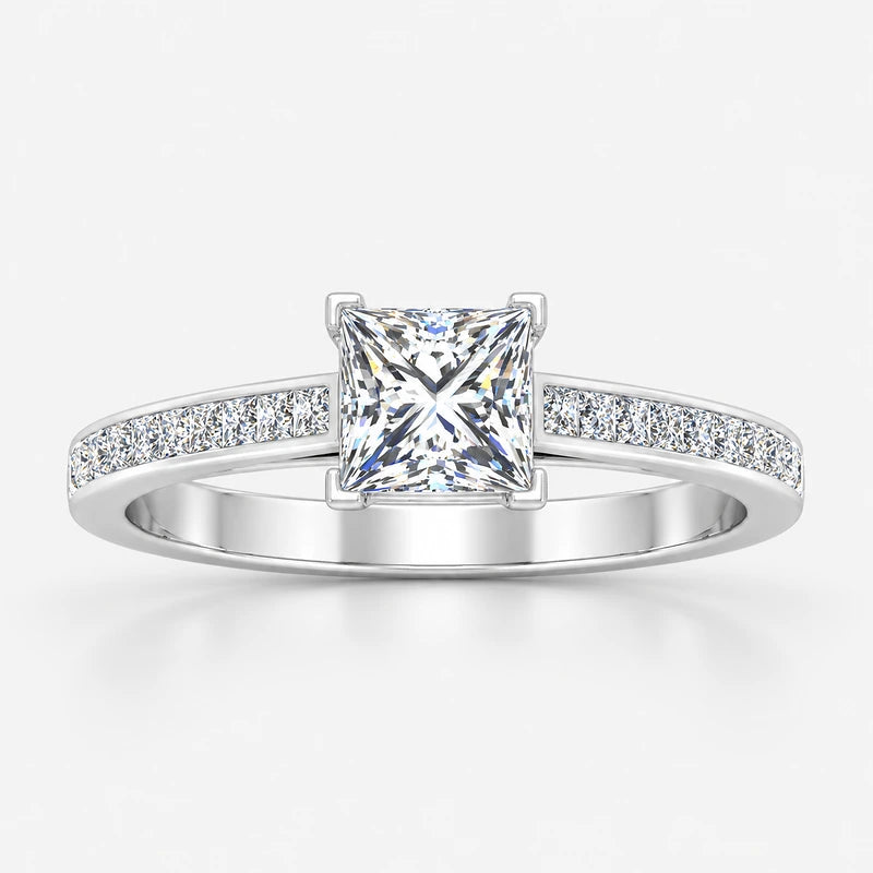 Best-Selling Channel-Set IGI Certified Lab Grown Princess-Cut Solitaire Ring with Side Diamonds in Gold & Platinum – 1–4Ct