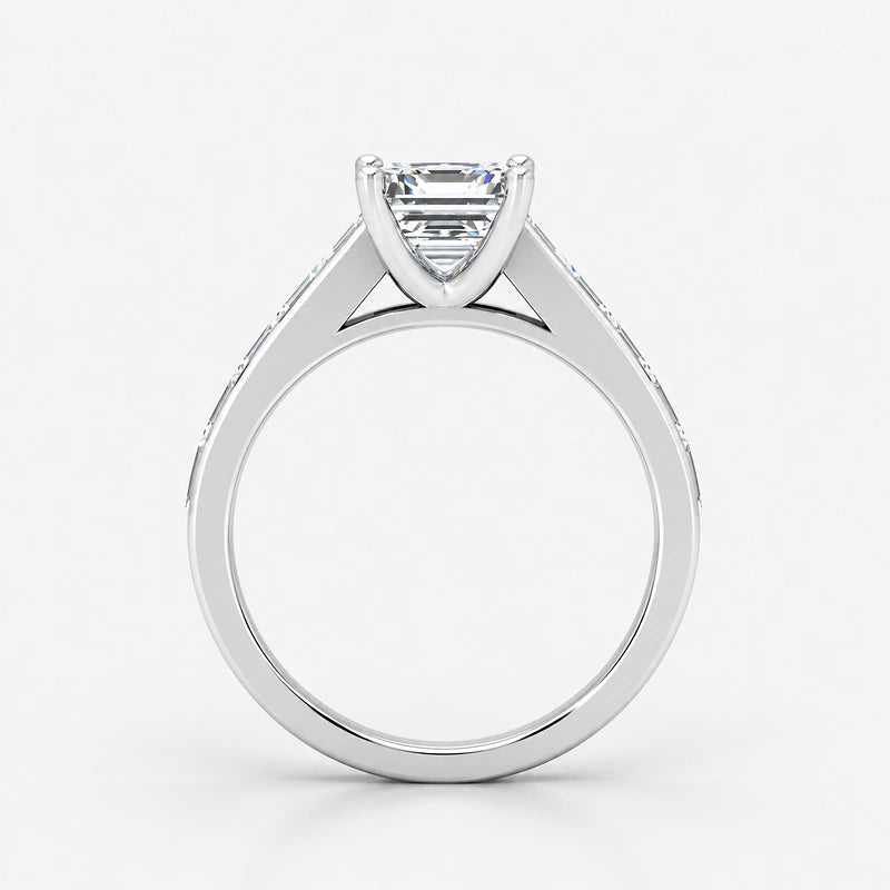 IGI Certified Lab Grown Asscher Cut & Baguette Cut Diamond Claw & Channel Set Engagement Ring in Gold & Platinum