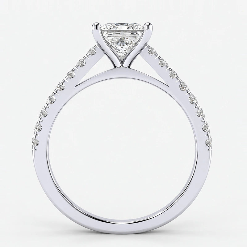Modern Princess-Cut Diamond IGI Certified Lab Grown Solitaire Ring with Side Claw & Pave-Set Diamonds in Gold & Platinum