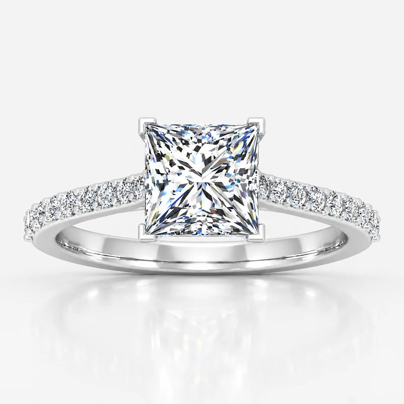 Classic Pavé-Set IGI Certified Lab Grown Princess-Cut Solitaire Engagement Ring with Side Diamonds in Gold & Platinum