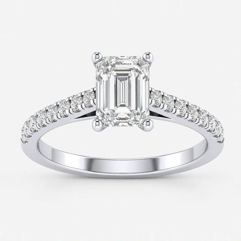 IGI Certified Lab Grown Fine Emerald Cut & Round Diamond Claw & Pavé Set Engagement Ring in Gold & Platinum – 1–4Ct