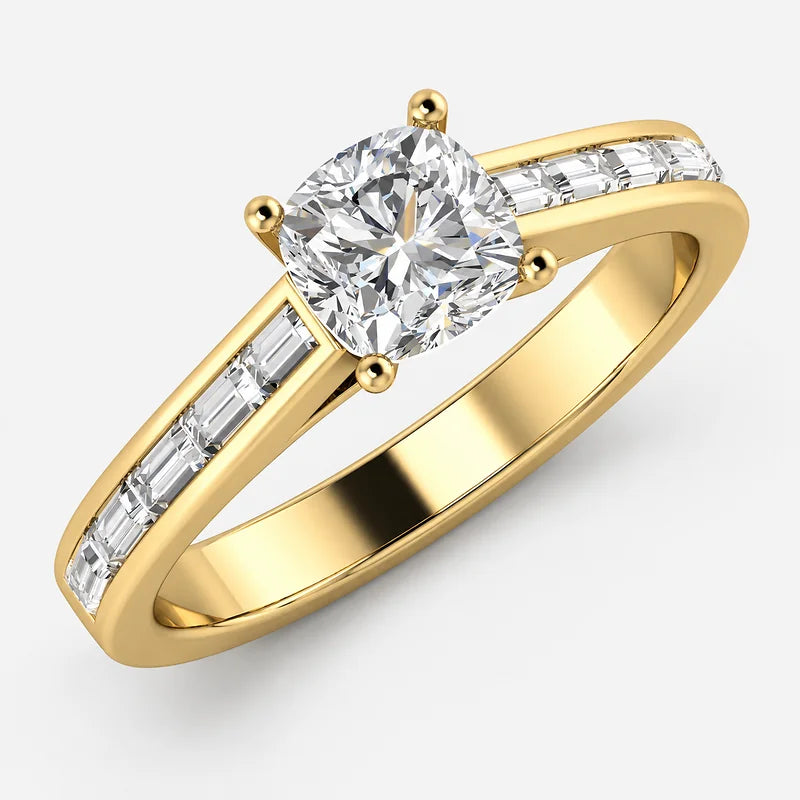 IGI Certified Lab Grown Classic Cushion-Cut Diamond Engagement Ring with Channel-Set Baguette Shank in Gold & Platinum – 1–4Ct