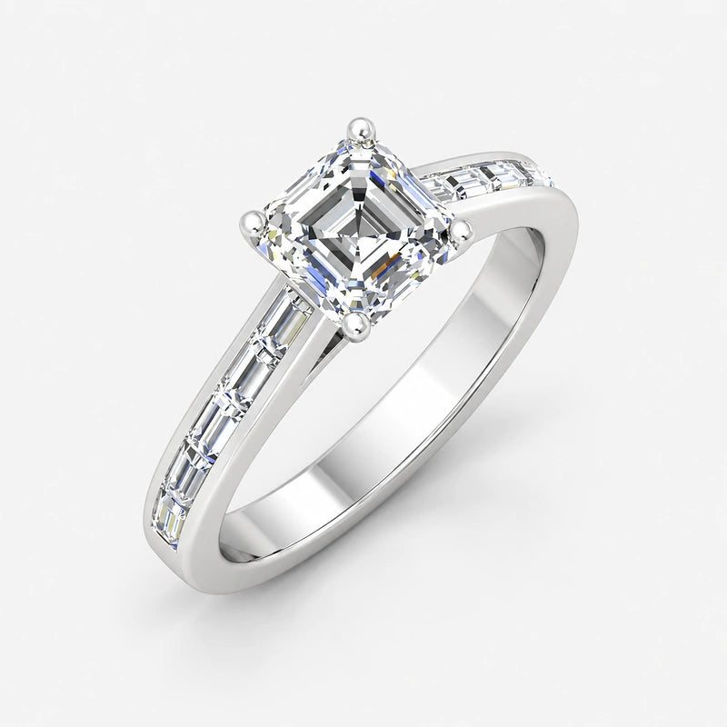 IGI Certified Lab Grown Asscher Cut & Baguette Cut Diamond Claw & Channel Set Engagement Ring in Gold & Platinum