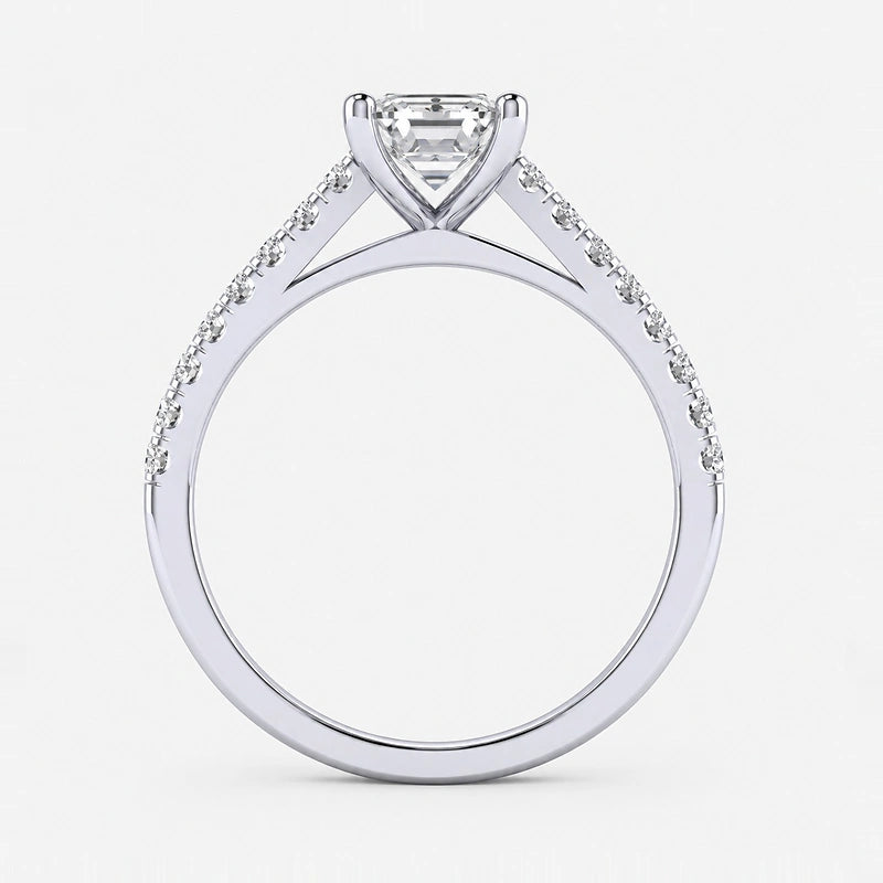IGI Certified Lab Grown Fine Emerald Cut & Round Diamond Claw & Pavé Set Engagement Ring in Gold & Platinum – 1–4Ct