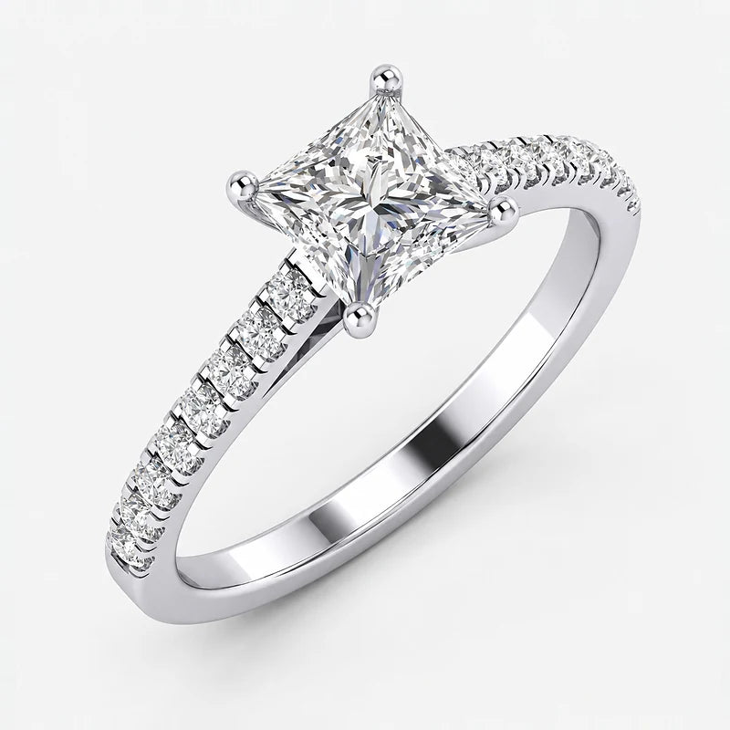 Modern Princess-Cut Diamond IGI Certified Lab Grown Solitaire Ring with Side Claw & Pave-Set Diamonds in Gold & Platinum
