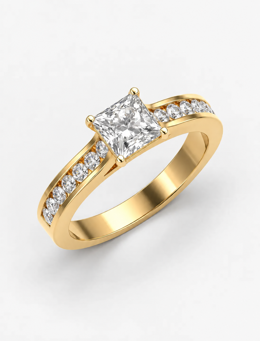 Lab Grown IGI Certified Classic Empress Princess-Cut Diamond Engagement Ring with Channel-Set Round Side Diamonds in Gold & Platinum