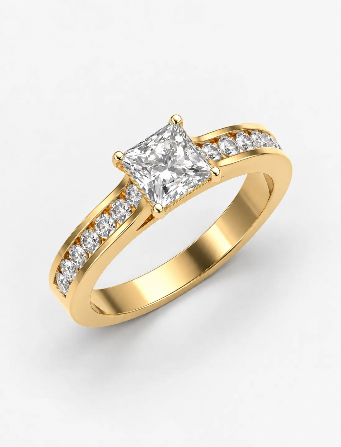 Lab Grown IGI Certified Classic Empress Princess-Cut Diamond Engagement Ring with Channel-Set Round Side Diamonds in Gold & Platinum