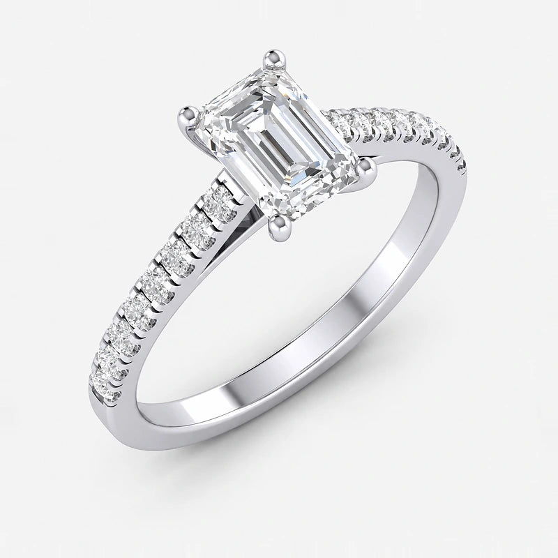 IGI Certified Lab Grown Fine Emerald Cut & Round Diamond Claw & Pavé Set Engagement Ring in Gold & Platinum – 1–4Ct