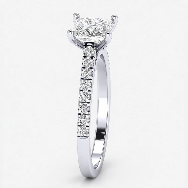 Modern Princess-Cut Diamond IGI Certified Lab Grown Solitaire Ring with Side Claw & Pave-Set Diamonds in Gold & Platinum