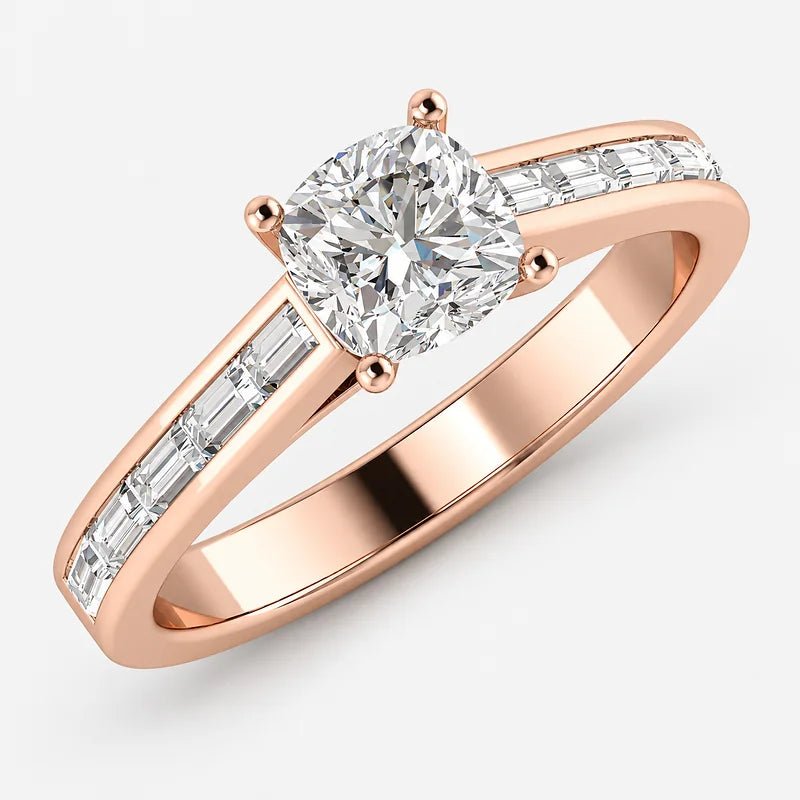 IGI Certified Lab Grown Classic Cushion-Cut Diamond Engagement Ring with Channel-Set Baguette Shank in Gold & Platinum – 1–4Ct
