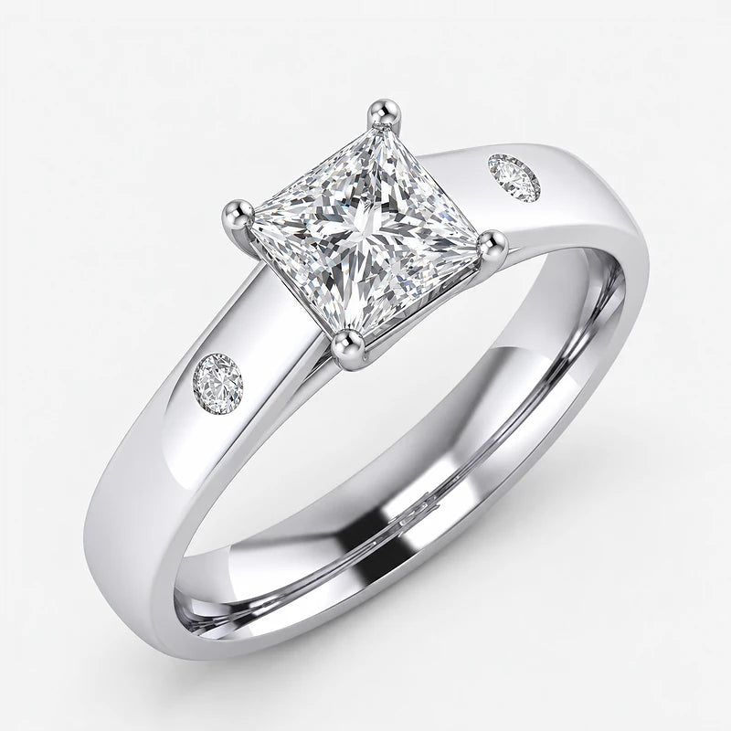 IGI Certified Lab Grown Best-Selling Princess Cut Solitaire Engagement Ring with Flush-Set Accent Diamonds in Gold & Platinum