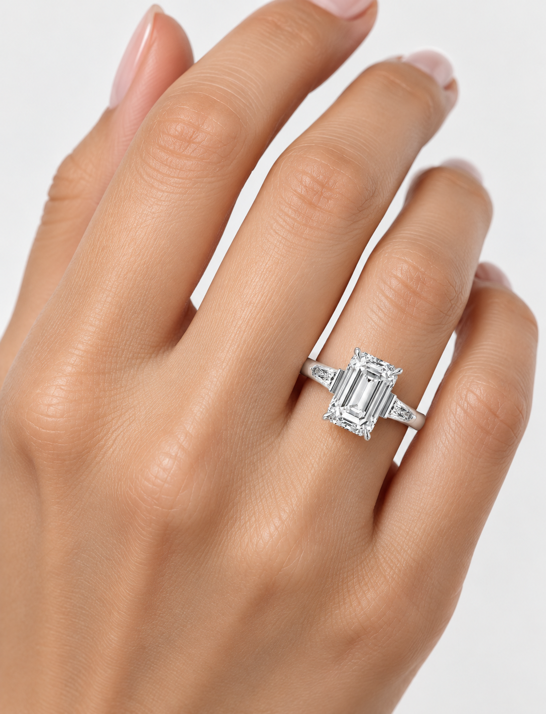 5.70CT Lab Grown Solitaire Emerald Diamond Tapered Baguette Trilogy Ring Platinum