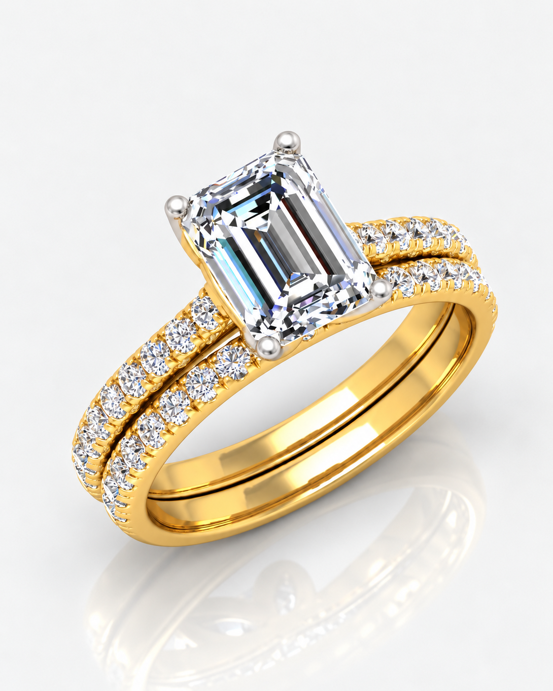 Secret Garden IGI Certified Lab Grown Emerald-Cut Engagement Ring with Stacked Pavé Wedding Bands in Gold & Platinum – 1–4Ct