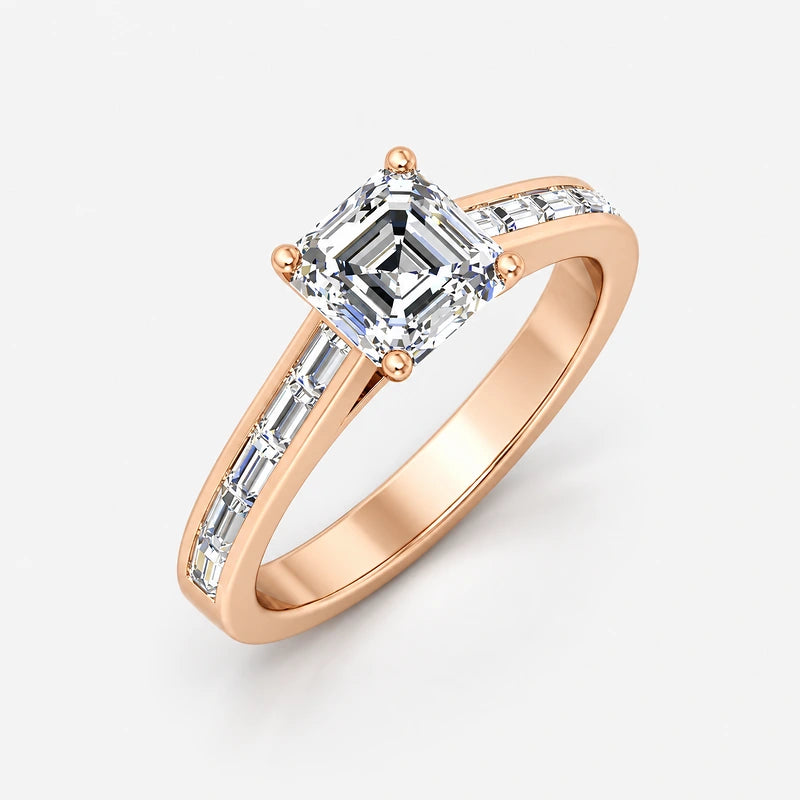 IGI Certified Lab Grown Asscher Cut & Baguette Cut Diamond Claw & Channel Set Engagement Ring in Gold & Platinum