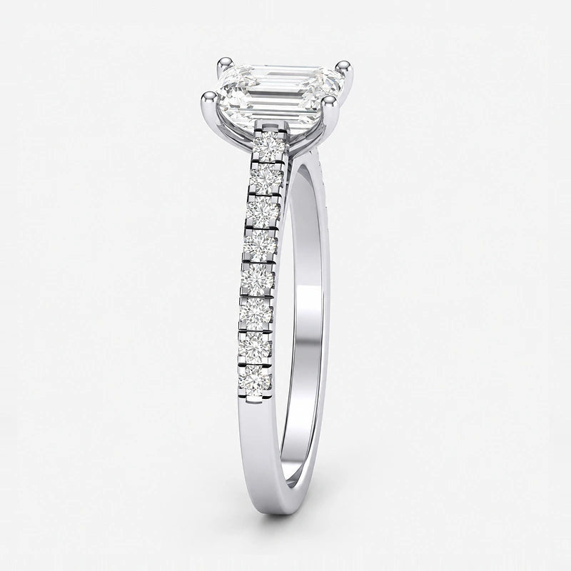 IGI Certified Lab Grown Fine Emerald Cut & Round Diamond Claw & Pavé Set Engagement Ring in Gold & Platinum – 1–4Ct