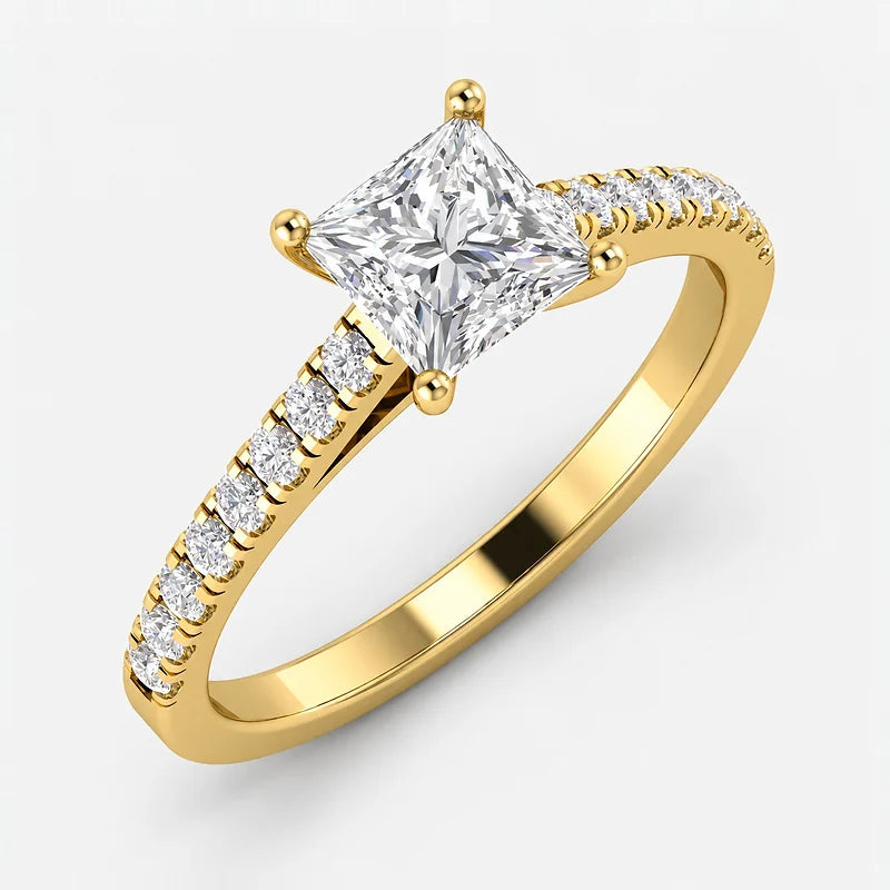 Modern Princess-Cut Diamond IGI Certified Lab Grown Solitaire Ring with Side Claw & Pave-Set Diamonds in Gold & Platinum