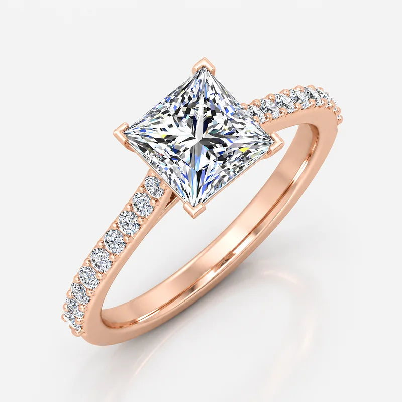 Classic Pavé-Set IGI Certified Lab Grown Princess-Cut Solitaire Engagement Ring with Side Diamonds in Gold & Platinum