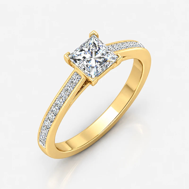 Best-Selling Channel-Set IGI Certified Lab Grown Princess-Cut Solitaire Ring with Side Diamonds in Gold & Platinum – 1–4Ct