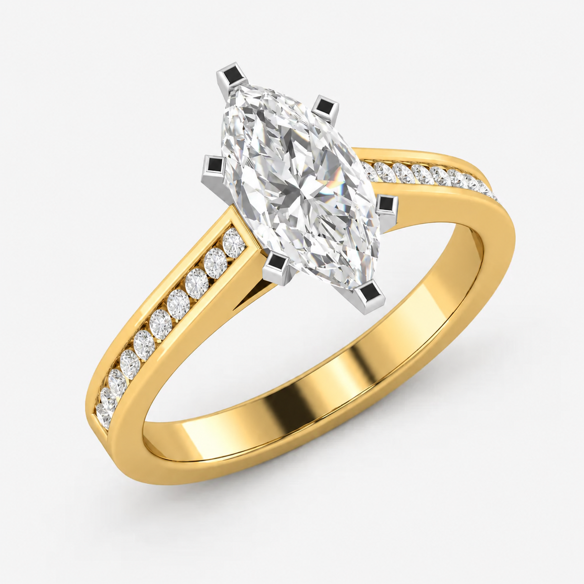IGI Certified Marquise Cut & Round Side Diamond Channel Set Engagement Ring in Platinum & Gold