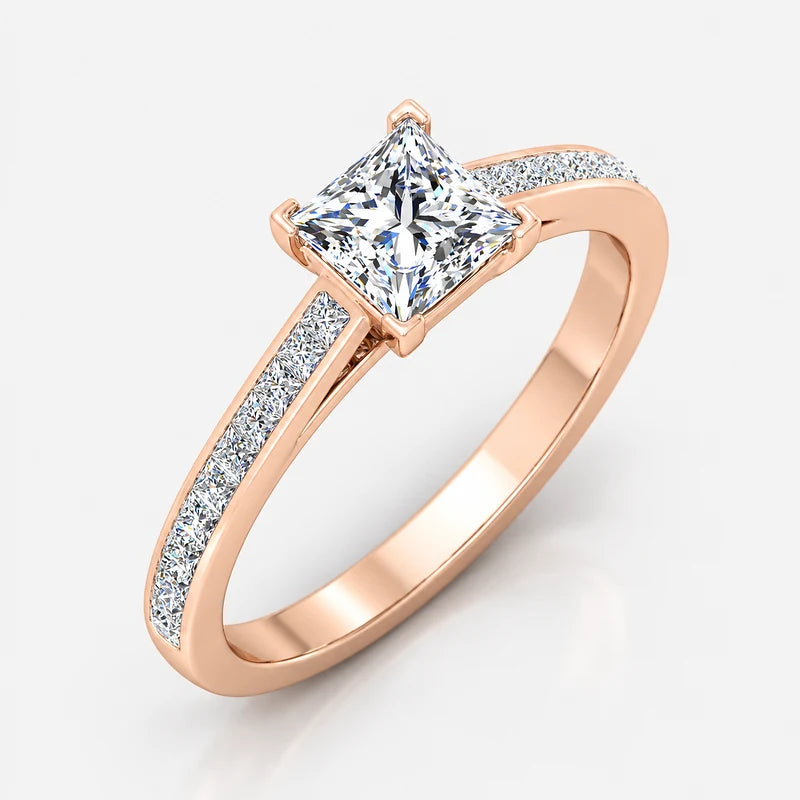 Best-Selling Channel-Set IGI Certified Lab Grown Princess-Cut Solitaire Ring with Side Diamonds in Gold & Platinum – 1–4Ct