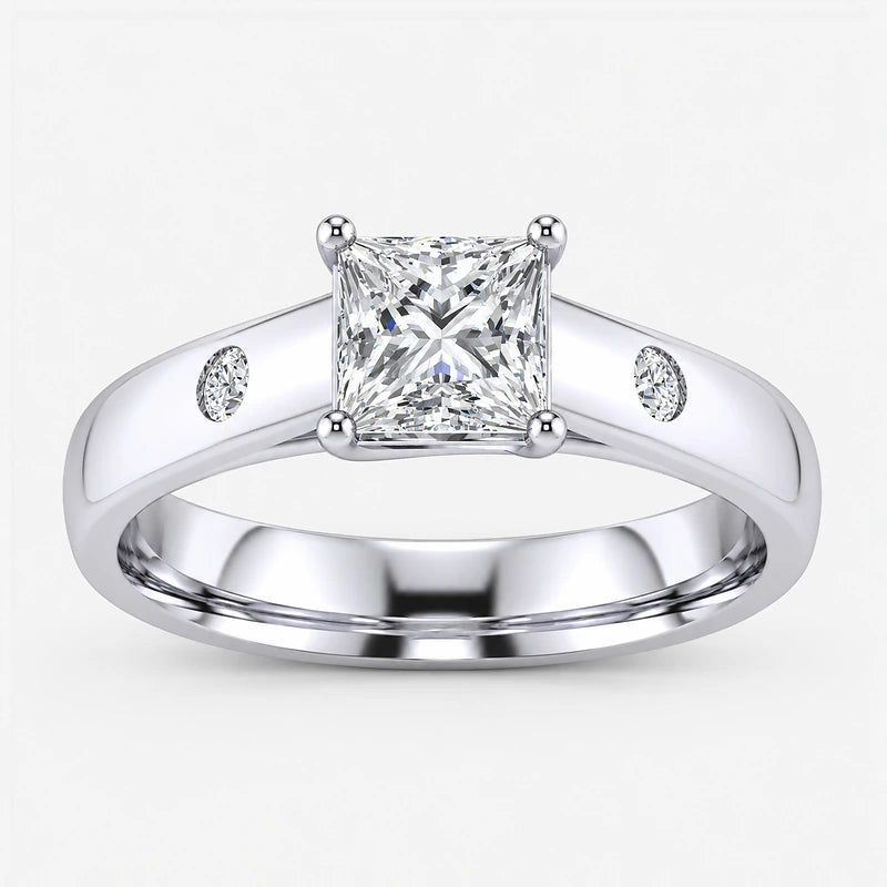IGI Certified Lab Grown Best-Selling Princess Cut Solitaire Engagement Ring with Flush-Set Accent Diamonds in Gold & Platinum