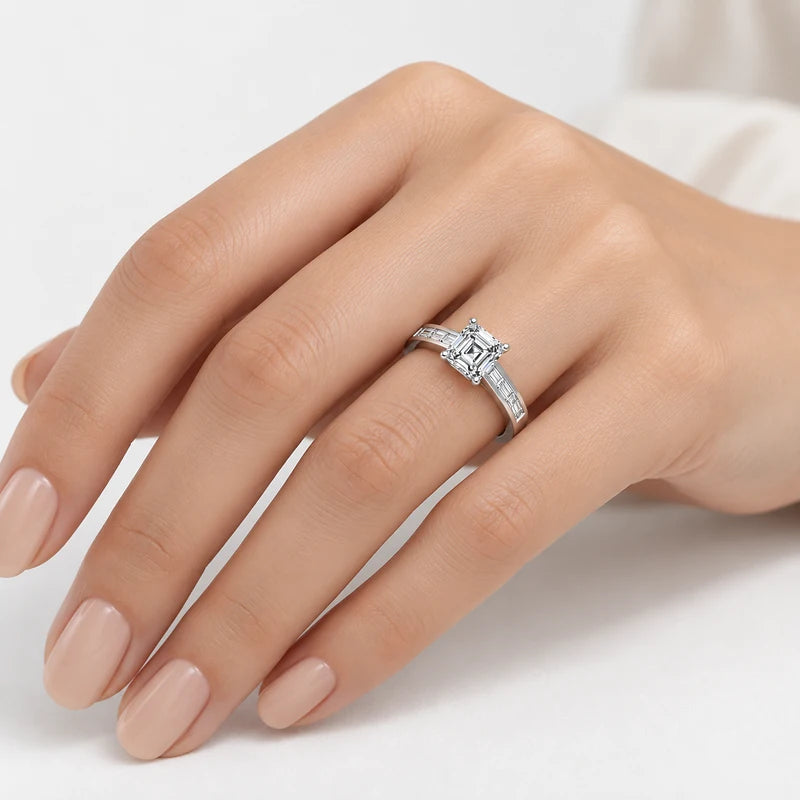 IGI Certified Lab Grown Asscher Cut & Baguette Cut Diamond Claw & Channel Set Engagement Ring in Gold & Platinum