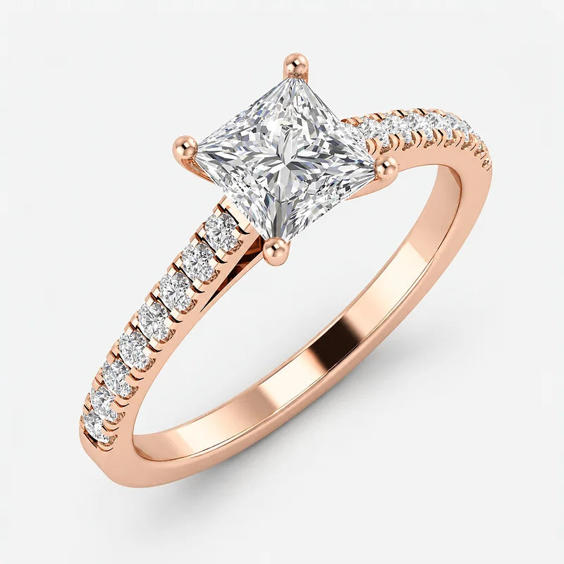 Modern Princess-Cut Diamond IGI Certified Lab Grown Solitaire Ring with Side Claw & Pave-Set Diamonds in Gold & Platinum