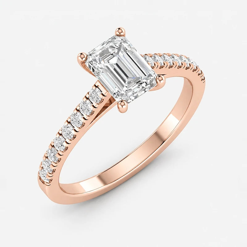 IGI Certified Lab Grown Fine Emerald Cut & Round Diamond Claw & Pavé Set Engagement Ring in Gold & Platinum – 1–4Ct
