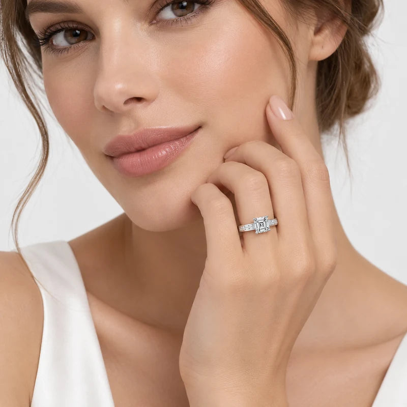IGI Certified Lab Grown Asscher Cut & Baguette Cut Diamond Claw & Channel Set Engagement Ring in Gold & Platinum