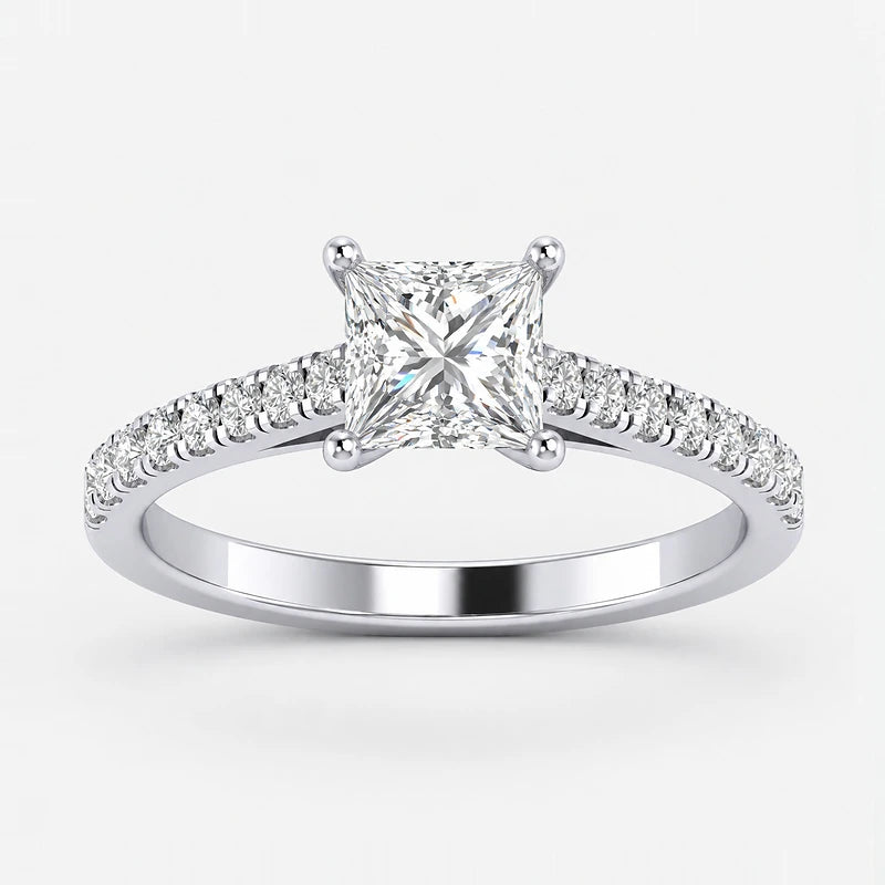 Modern Princess-Cut Diamond IGI Certified Lab Grown Solitaire Ring with Side Claw & Pave-Set Diamonds in Gold & Platinum