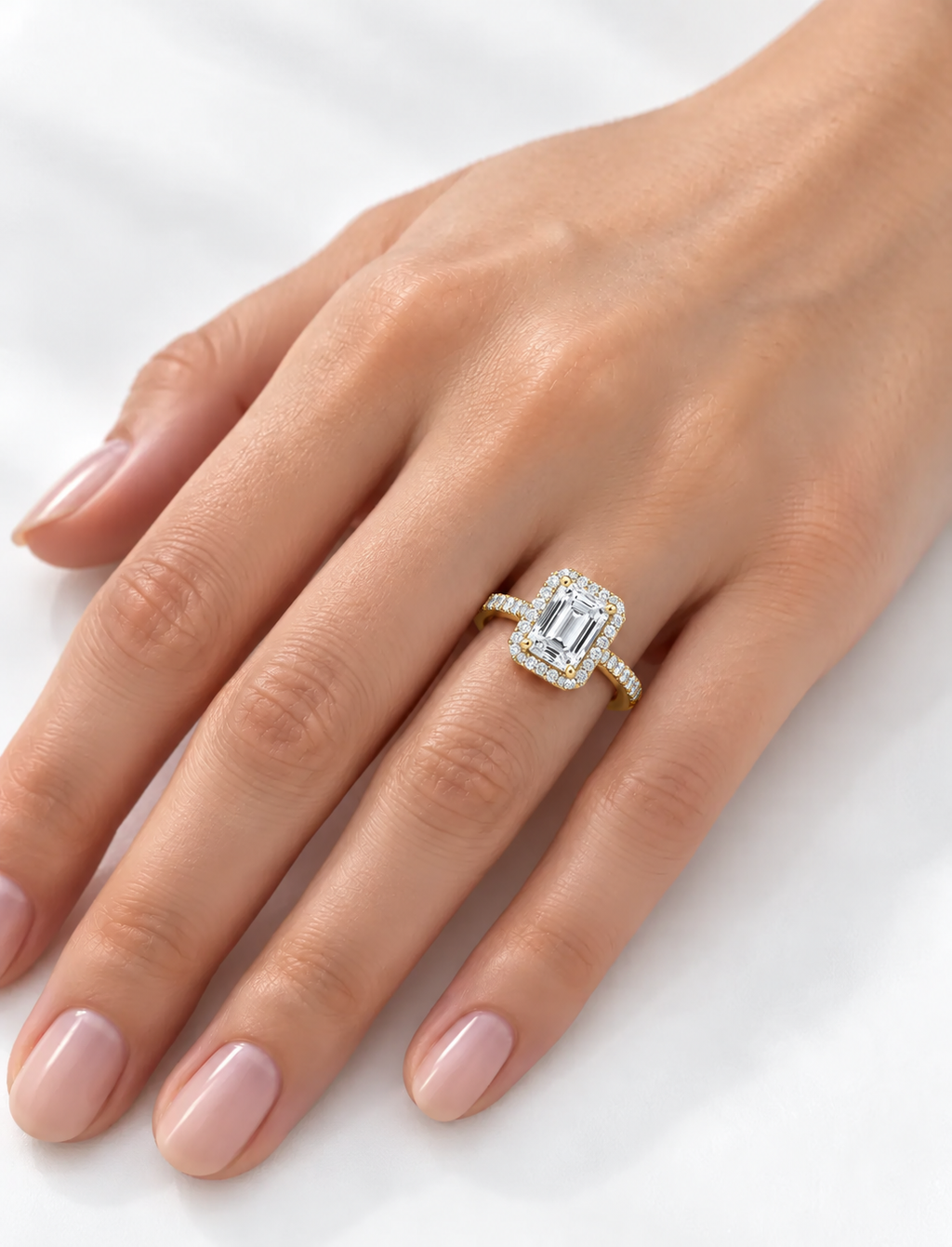 Emerald Diamond Engagement Ring with Round Halo Set Diamond Cluster Ring IGI Lab Grown in 18K Yellow Gold