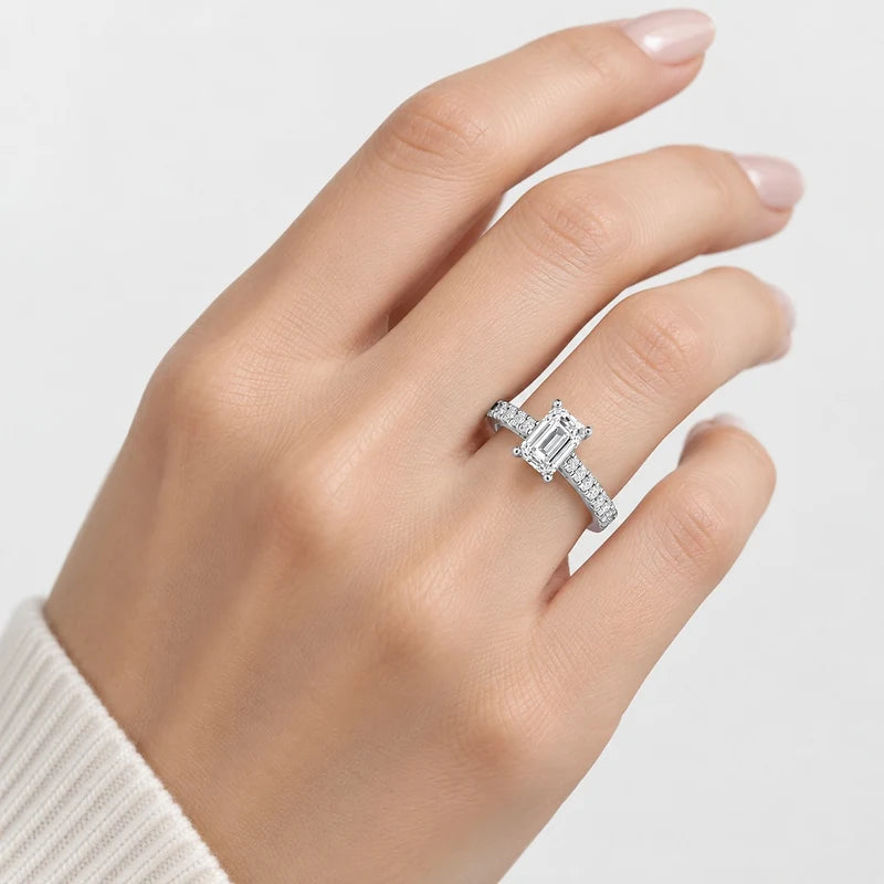 IGI Certified Lab Grown Fine Emerald Cut & Round Diamond Claw & Pavé Set Engagement Ring in Gold & Platinum – 1–4Ct