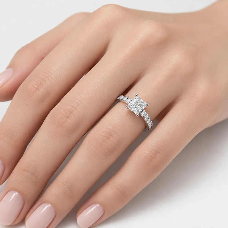 Modern Princess-Cut Diamond IGI Certified Lab Grown Solitaire Ring with Side Claw & Pave-Set Diamonds in Gold & Platinum