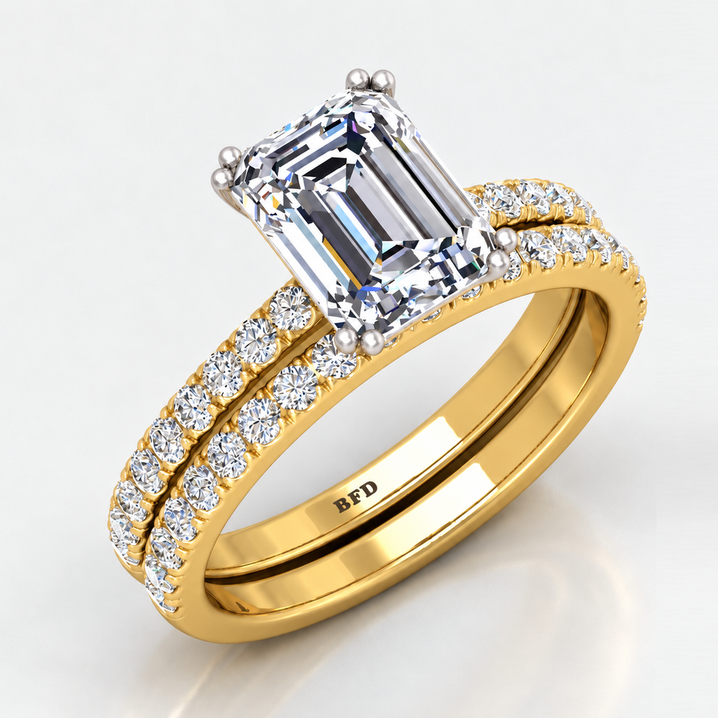 IGI Certified Lab Grown Emerald Cut Diamond Engagement Ring with Matching Pavé Band Bridal Set in Gold & Platinum