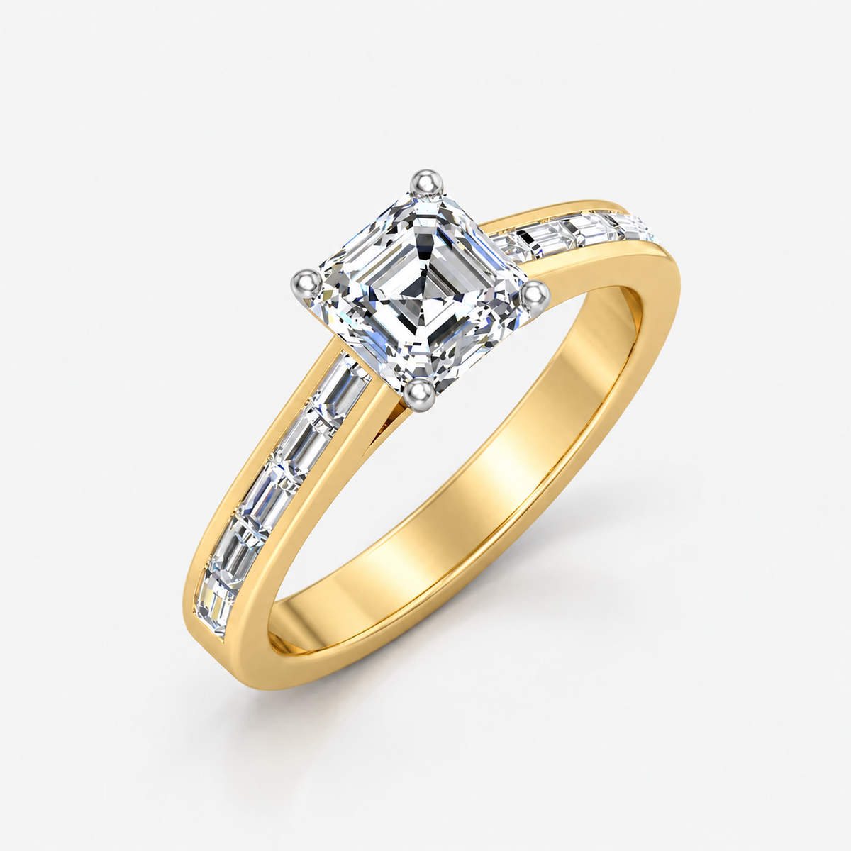IGI Certified Lab Grown Asscher Cut & Baguette Cut Diamond Claw & Channel Set Engagement Ring in Gold & Platinum