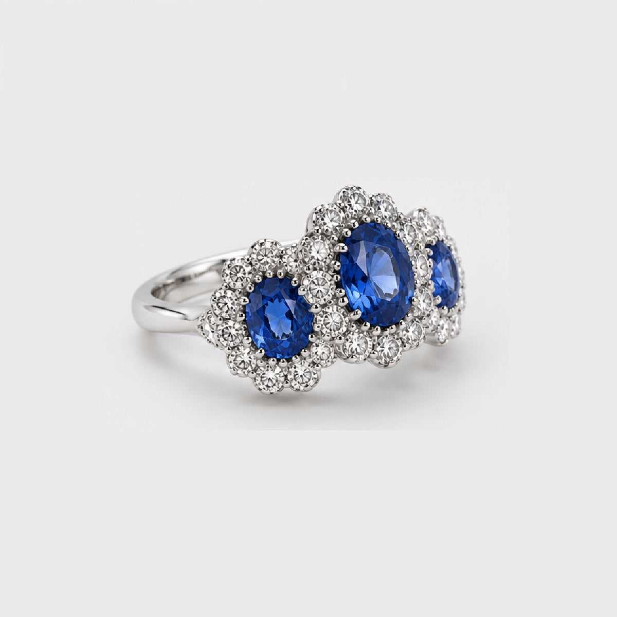 Natural Oval Sapphire Halo Set Trilogy Vintage Engagement Ring In Gold & Platinum
