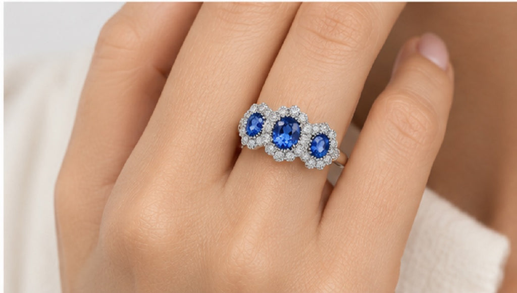 Natural Oval Sapphire Halo Set Trilogy Vintage Engagement Ring In Gold & Platinum